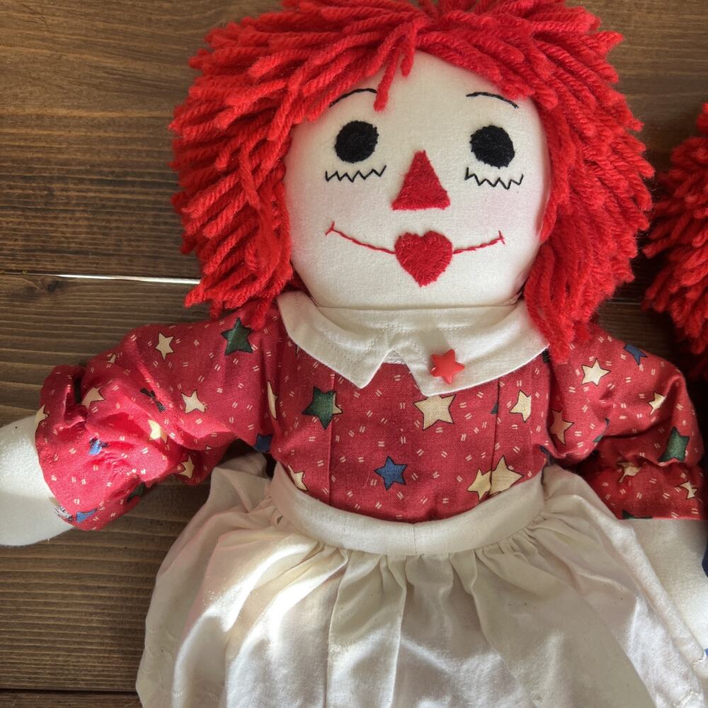 RARE RAGGEDY ANN & ANDY 18” RAG DOLL SET Handmade Red Dress W Stars & Apron VGUC - Picture 3 of 16